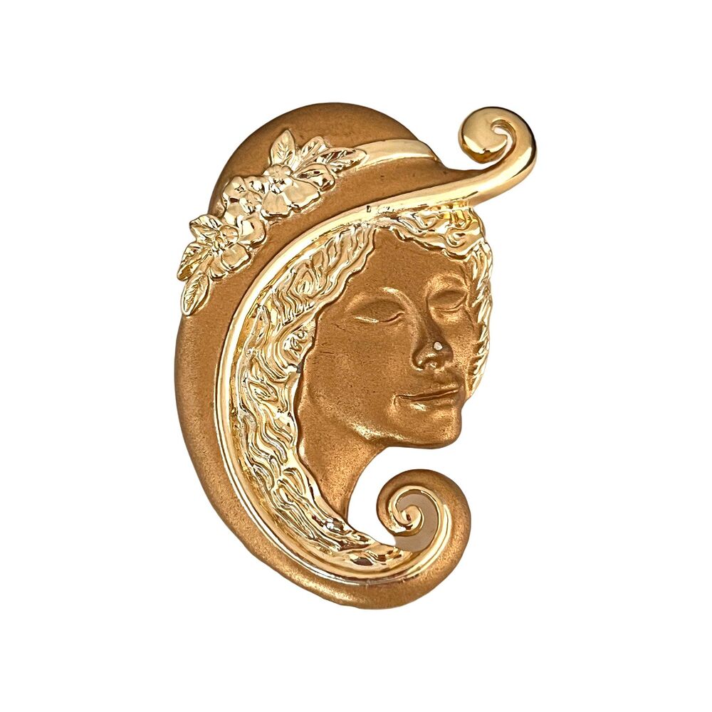 Vintage 1980s Woman Profile Brooch Gold Tone Figural Statement Signed - 1K